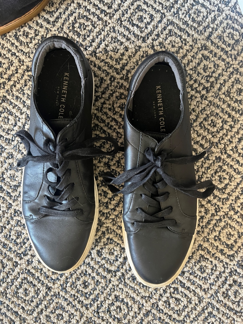 Kenneth Cole Black Leather Lace-Up Sneakers with White Soles